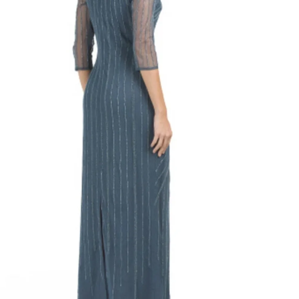 JS Collections Dusty Blue Long Sleeve Beaded Gown - Picture 2 of 8